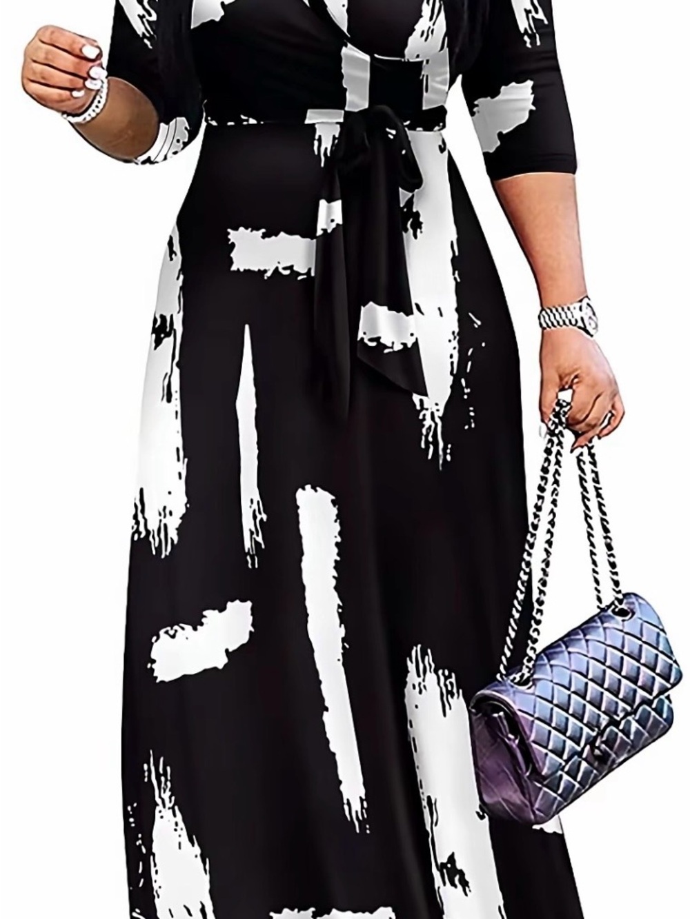 Plus-Size Black & White Brushstroke Wrap Maxi Dress with Self Tie